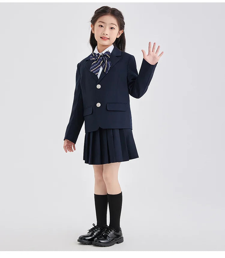 Children School Uniform Girls Jacket Pleated Skirts Suits Boys British Student Blazers Pants Kids Formal Dress Class Clothes Set