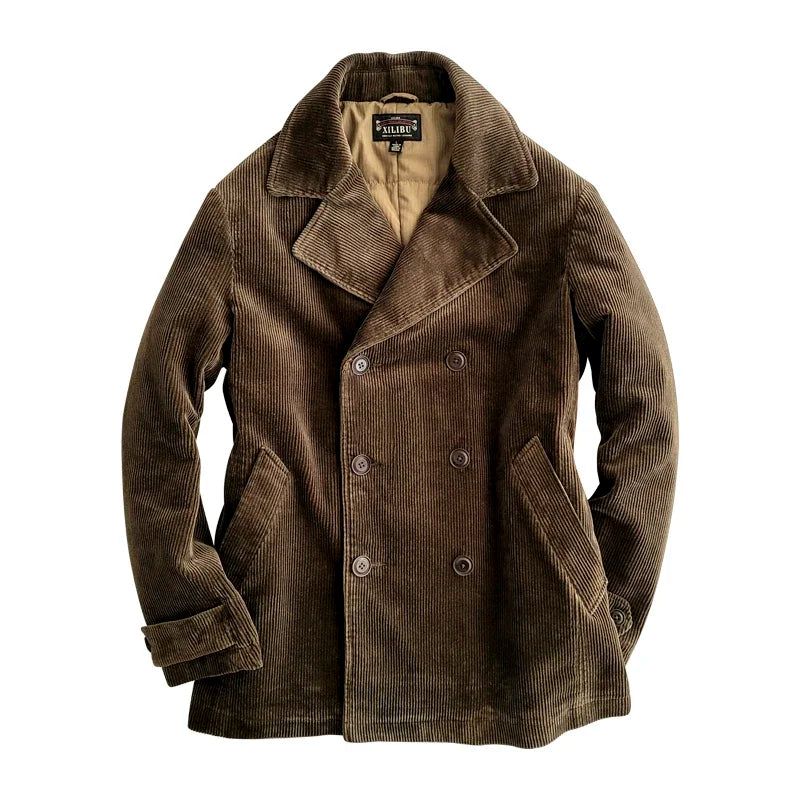 Amekaji Wear Clothes Men Corduroy Double Breasted Suit Cotton Coat Jacket American Retro Casual