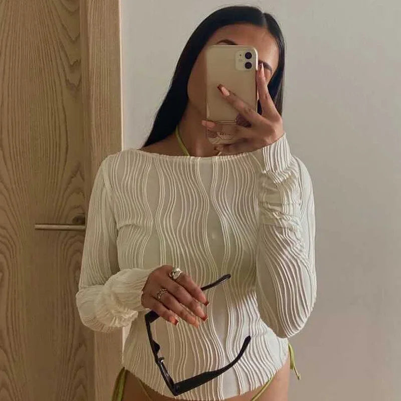 Woman Fashion Casual Ruched Long Sleeve T-shirt Blouses Female White Skinny Cropped Bottoming Shirt 2022 Autumn Y2K Top Clothes