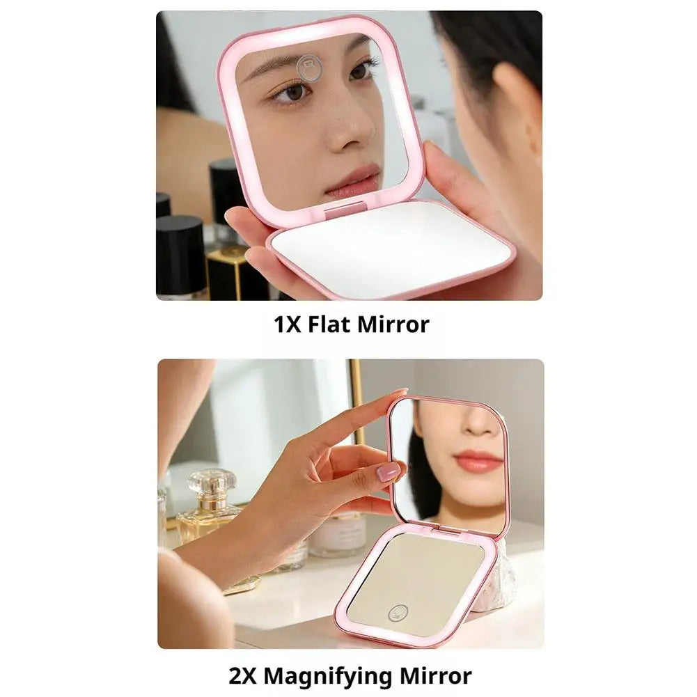 Rechargeable Handheld Mirror With 2X Magnification Portable Folding LED Makeup Mirror Pink Dual-Sided LED Lighted Makeup Mirror