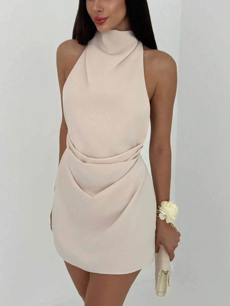 Satin Mini Dress Women High Neck Backless Sleeveless Wrap Short Dress Elegant Solid Color Cocktail Party Club Evening Outfit