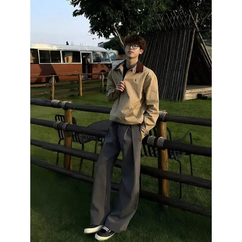 Spring Summer Pleated Wide Curved Trousers Men A-line Tailored Casual Suit Pants Streetwear Work wear Cleanfit Business