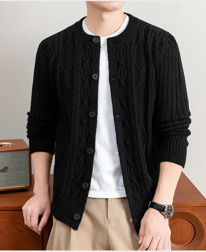 Men Cable Knit Cardigan Stand Collar Button Down Thick Warm Old Money Style Knit Coat For Autumn Winter