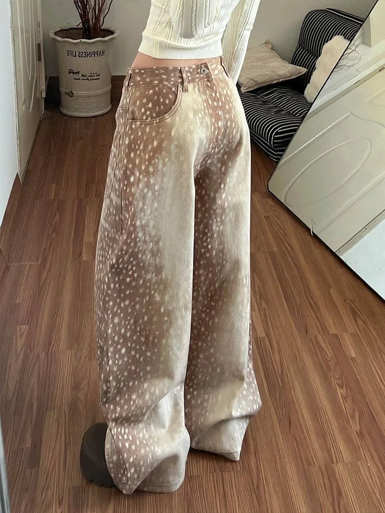Women Deer Print Baggy Wide Leg Jeans Y2K Vintage High Waist Washed Denim Pants Embroidery Pocket Casual Streetwear Trousers