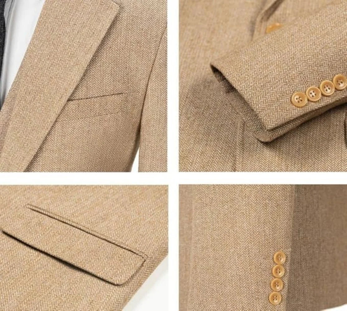 Mens Suits 3 Piece Herringbone Tweed Wool Double Breasted Vest Slim Fit Suit Prom Tuxedos Groomsmen For Wedding(Blazer+Vest