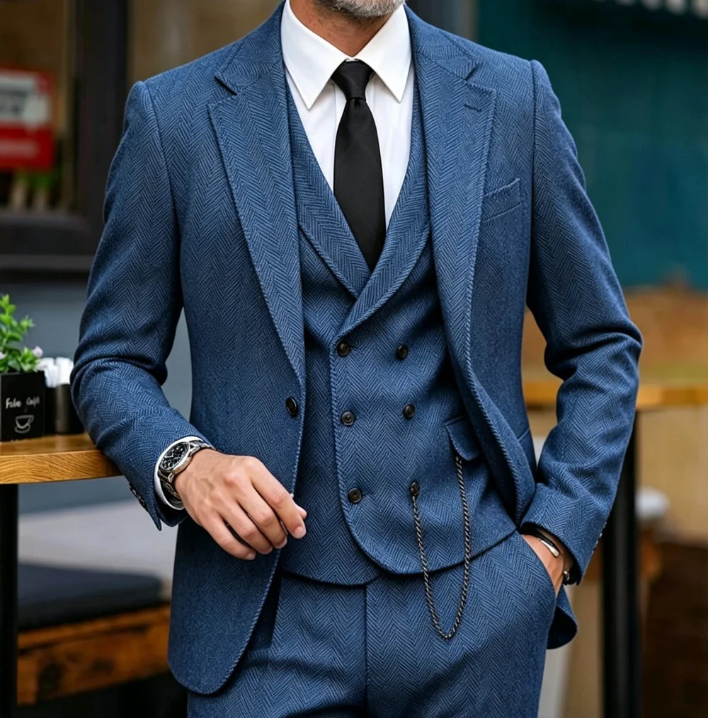 Mens Suits 3 Piece Herringbone Tweed Wool Double Breasted Vest Slim Fit Suit Prom Tuxedos Groomsmen For Wedding(Blazer+Vest