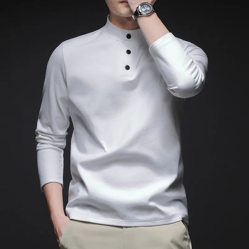Men Mock Neck Henley Long Sleeve T Shirt Thick Warm Fleece Lined Casual Pullover Tops For Autumn Winter