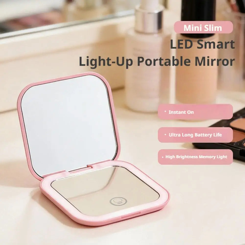 Rechargeable Handheld Mirror With 2X Magnification Portable Folding LED Makeup Mirror Pink Dual-Sided LED Lighted Makeup Mirror