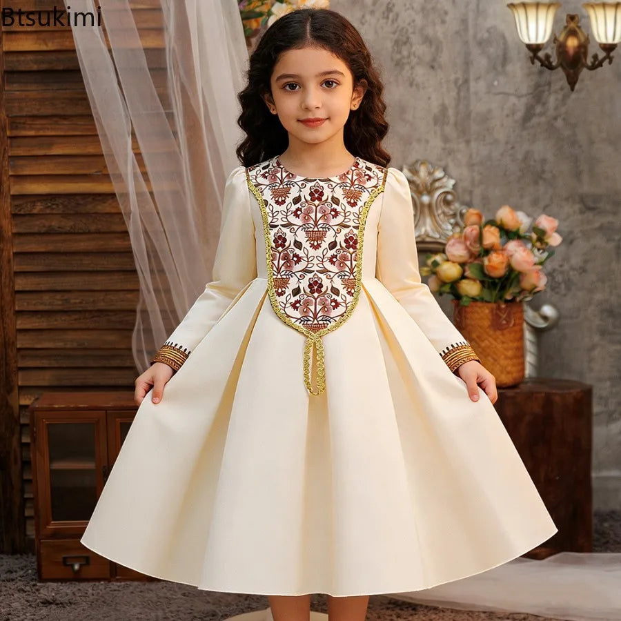 Kids Muslim Clothes Girls Long Sleeve Dressfashion Splice Print Robe Ramadan Party Dresses Dubai Morocco Gown for Birthday Gifts