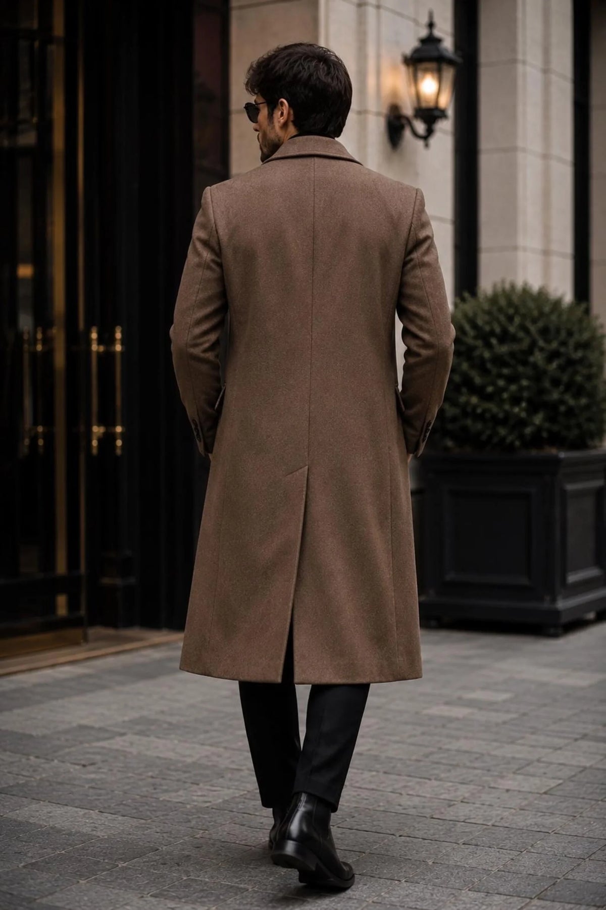 Mens Brown Wool Look Long Overcoat Tailored Mid Calf Winter Tailcoat Notched Lapels Double Breasted Formal Only Coat Customized