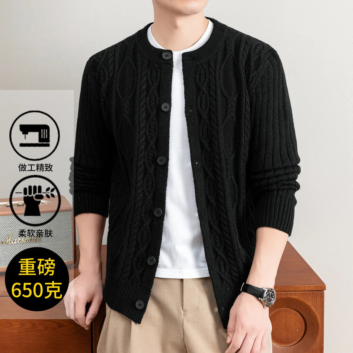 Men Cable Knit Cardigan Stand Collar Button Down Thick Warm Old Money Style Knit Coat For Autumn Winter