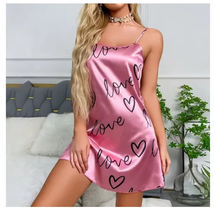 Women Nightwear Home Clothes Sexy Black Floral Printing Nightdress Sleepwear Nightshirts Silk Sleepshirts Nightgowns For Woman