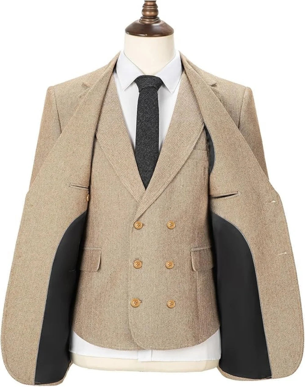 Mens Suits 3 Piece Herringbone Tweed Wool Double Breasted Vest Slim Fit Suit Prom Tuxedos Groomsmen For Wedding(Blazer+Vest