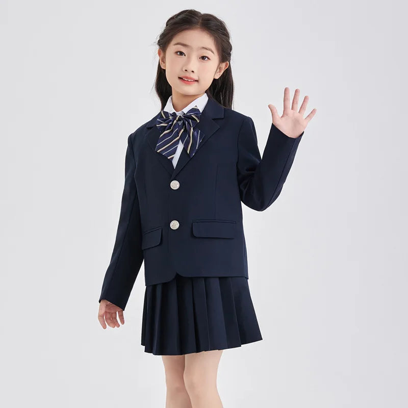 Children School Uniform Girls Jacket Pleated Skirts Suits Boys British Student Blazers Pants Kids Formal Dress Class Clothes Set