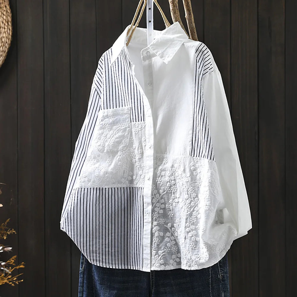 Fall Clothes 2026 Women Cotton Lace Striped Patchwork Shirts Long Sleeve Blouses for Lady Tops Office Wear Women Fashion Blouses