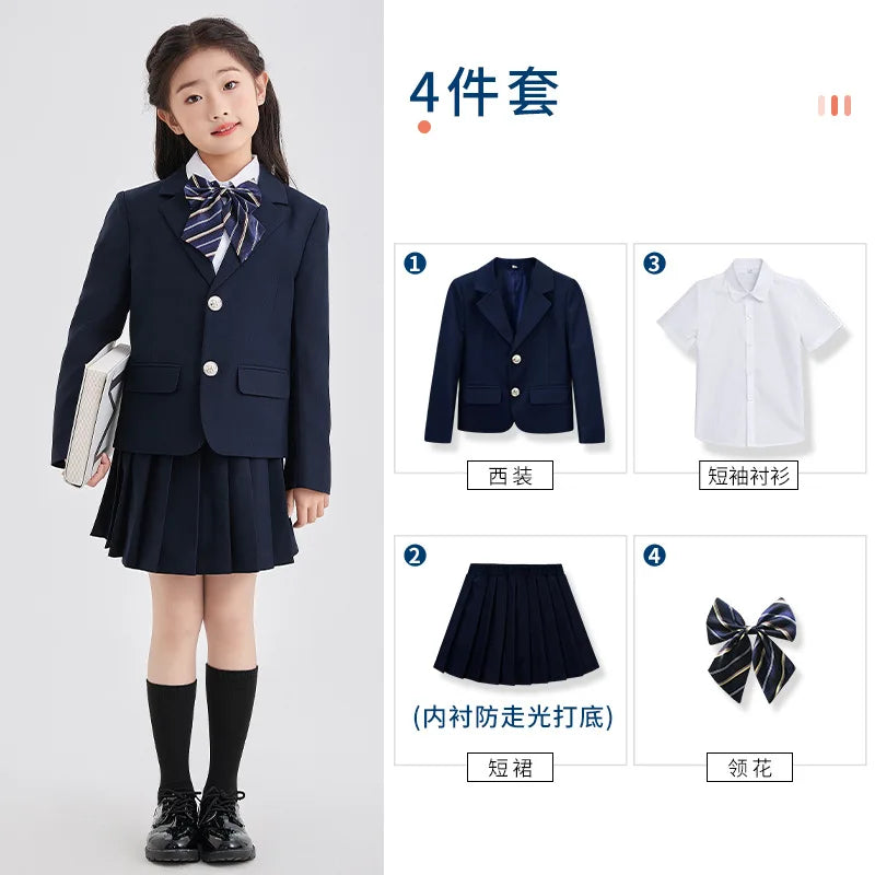 Children School Uniform Girls Jacket Pleated Skirts Suits Boys British Student Blazers Pants Kids Formal Dress Class Clothes Set
