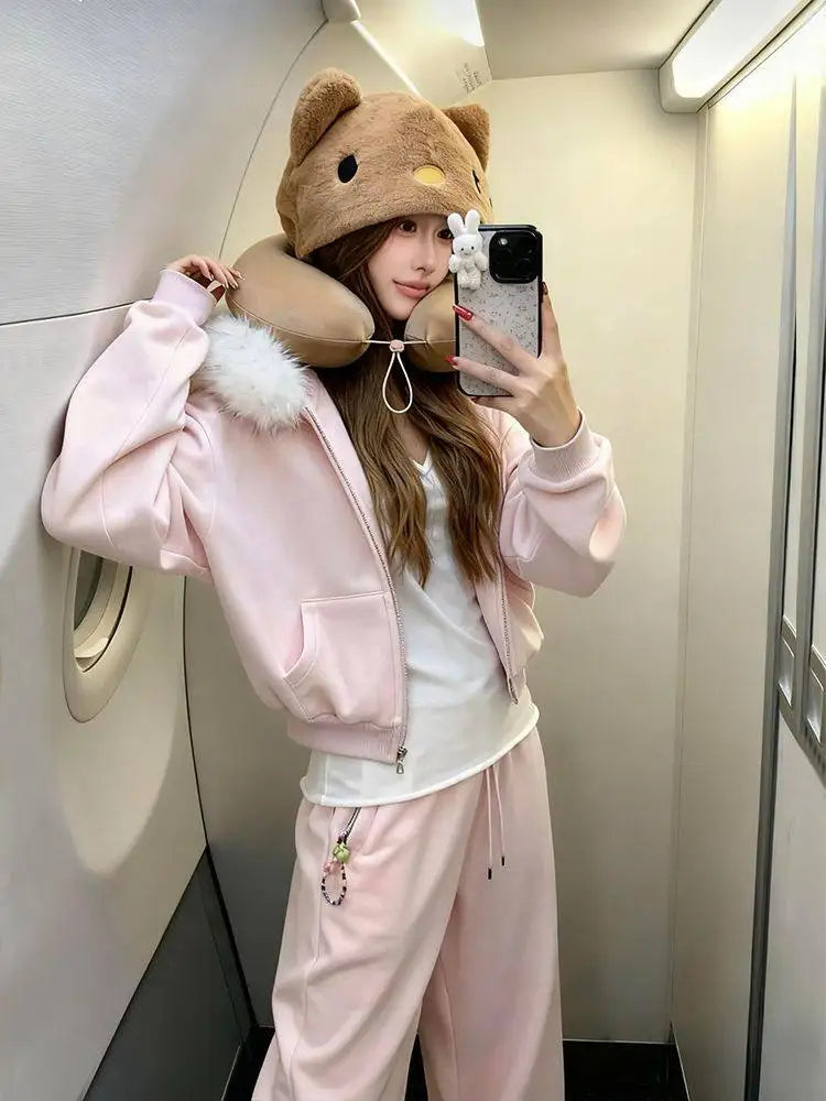 Pink Hooded Sweatshirt Set Women&