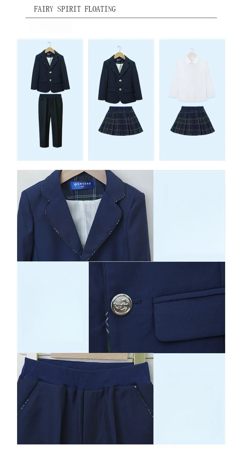 Toddler Student Clothes Sets Kids British Class Outfits Girls Jacket Plaid Skirt Suits Children Formal Dress Boys School Uniform