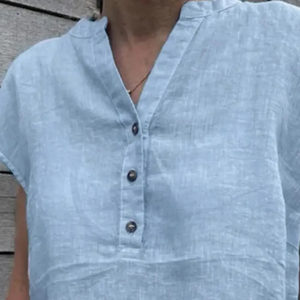 Women T-shirt Cotton Linen Summer Blouse Solid Color Simple Short Sleeve V Neck Quick Dry Daily Clothes Ropa Mujer Blusas