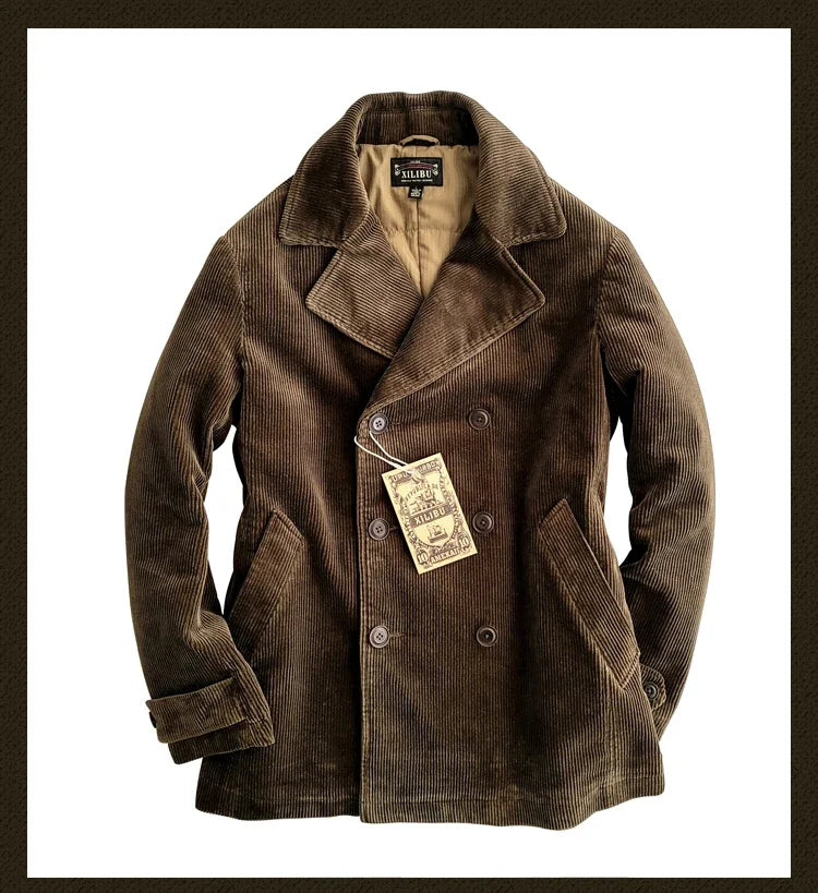Amekaji Wear Clothes Men Corduroy Double Breasted Suit Cotton Coat Jacket American Retro Casual