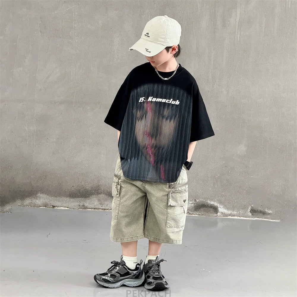 Korean Children Fashion Summer Clothes for Boy Streetwear Outfit Suit T-shirt Shorts Clothing Set Kids Street Top And Bottom Set