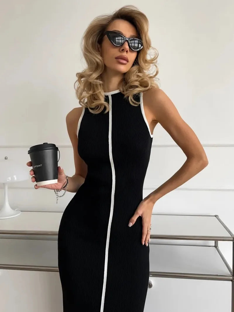 Women Ribbed Knit Midi Dress Sleeveless Bodycon Pencil Dress Elegant British High Street Daily Office Chic Slim Long Dress