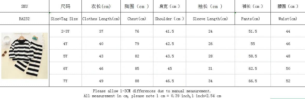 Kids Clothes Girls Autumn Korean-style Black And White Wide-striped T-shirt+Pants sets Children&