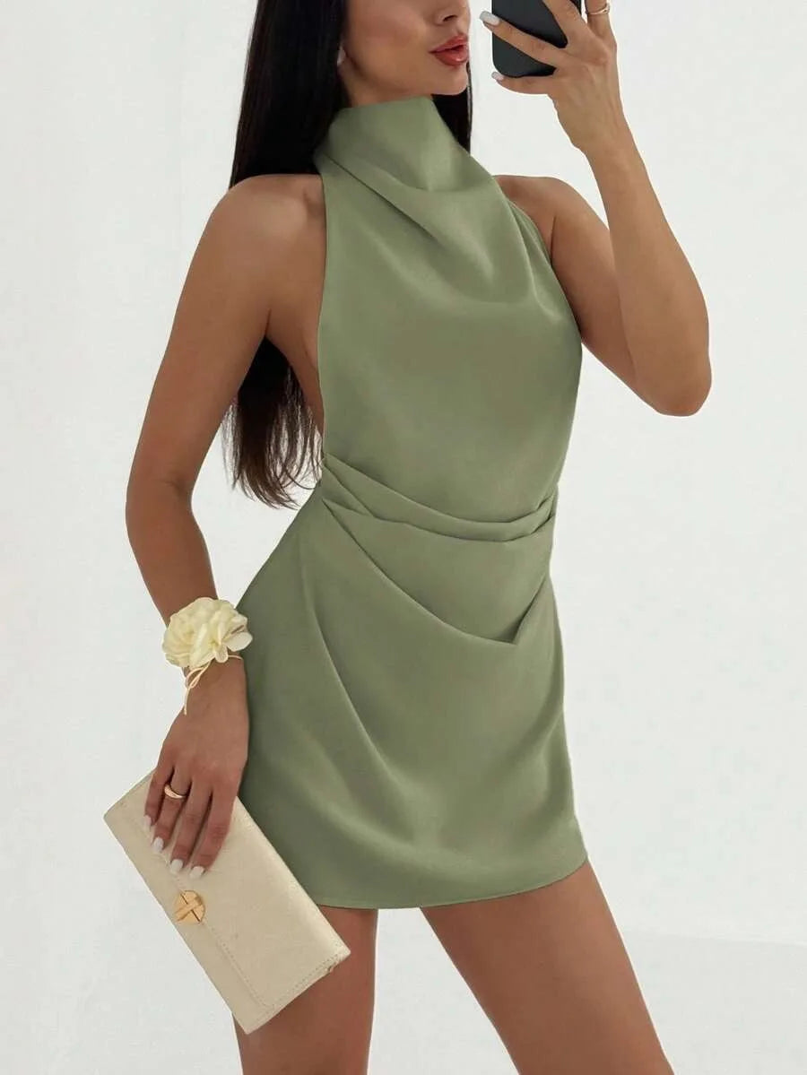 Satin Mini Dress Women High Neck Backless Sleeveless Wrap Short Dress Elegant Solid Color Cocktail Party Club Evening Outfit