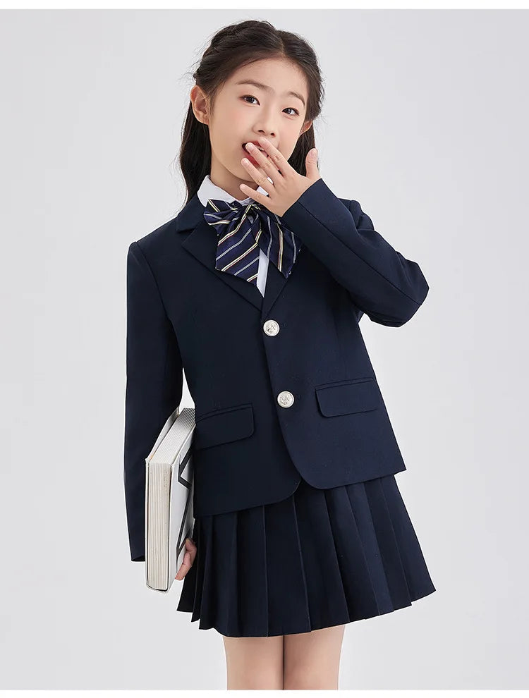 Children School Uniform Girls Jacket Pleated Skirts Suits Boys British Student Blazers Pants Kids Formal Dress Class Clothes Set