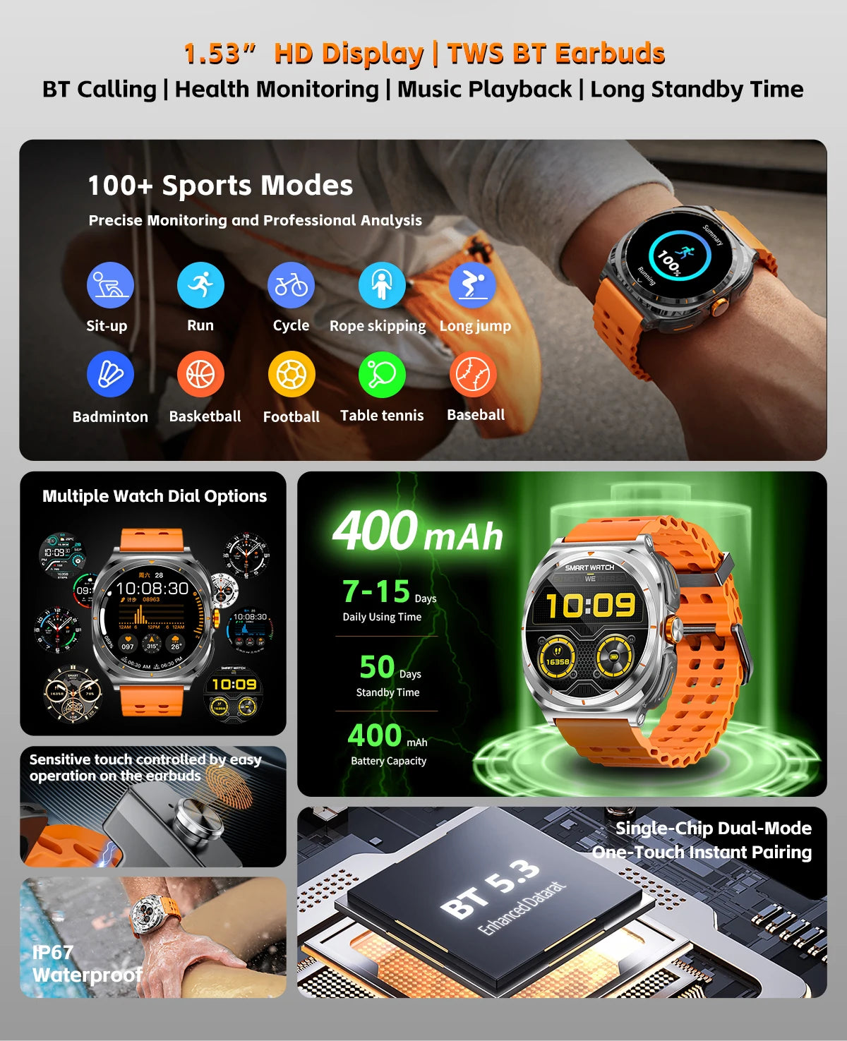 2026 New Watch Earphones 2-in-1 Smart Watch Health Monitoring Bluetooth Call 100+Sports Mode Outdoor Smart Watch Men and Women