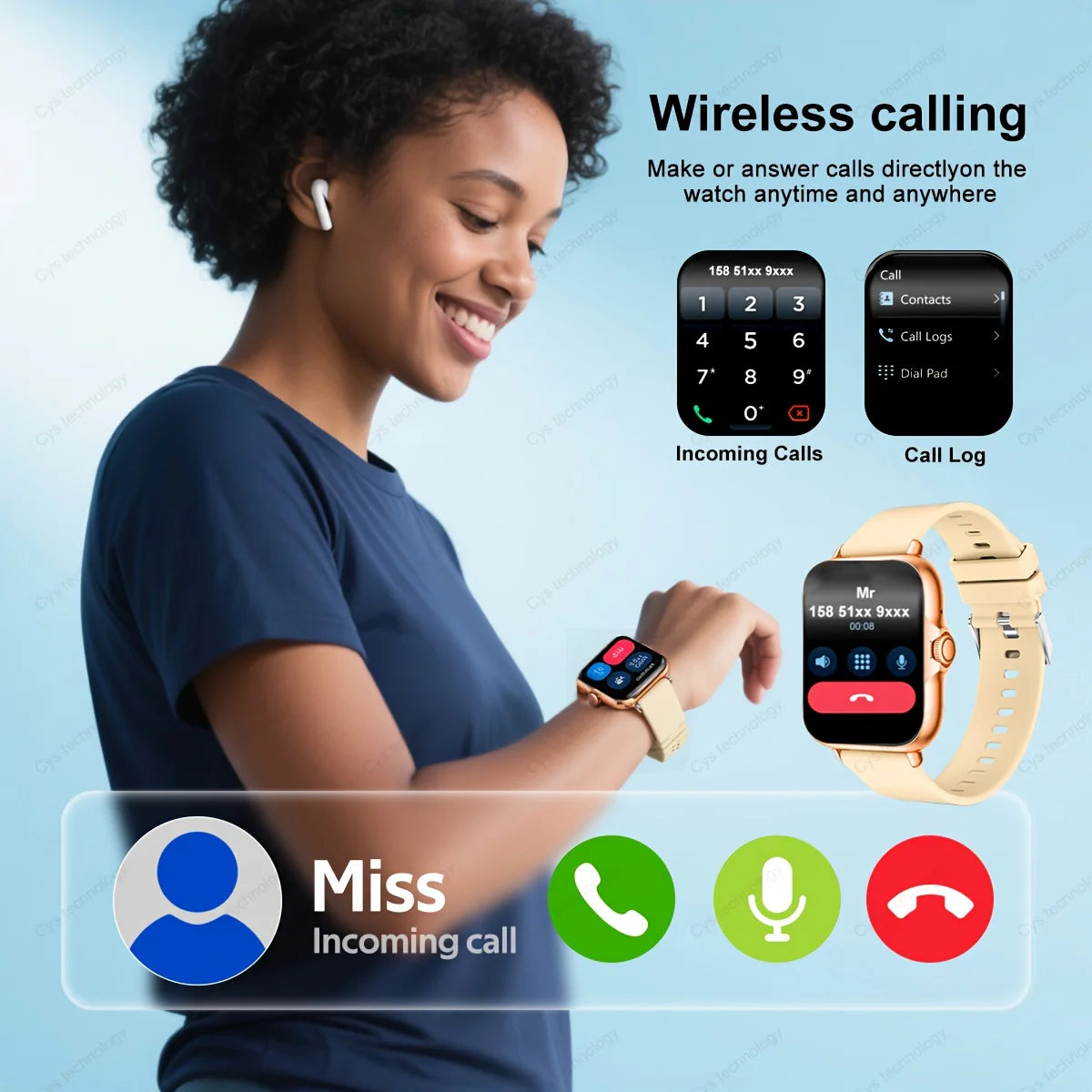 Smart Watch with Wireless Call, SMS, Multi-Sport Modes | Compatible with iPhone and Android, USB Charging, Clear Display