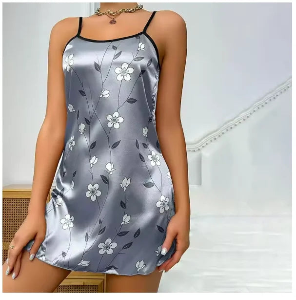 Women Nightwear Home Clothes Sexy Black Floral Printing Nightdress Sleepwear Nightshirts Silk Sleepshirts Nightgowns For Woman