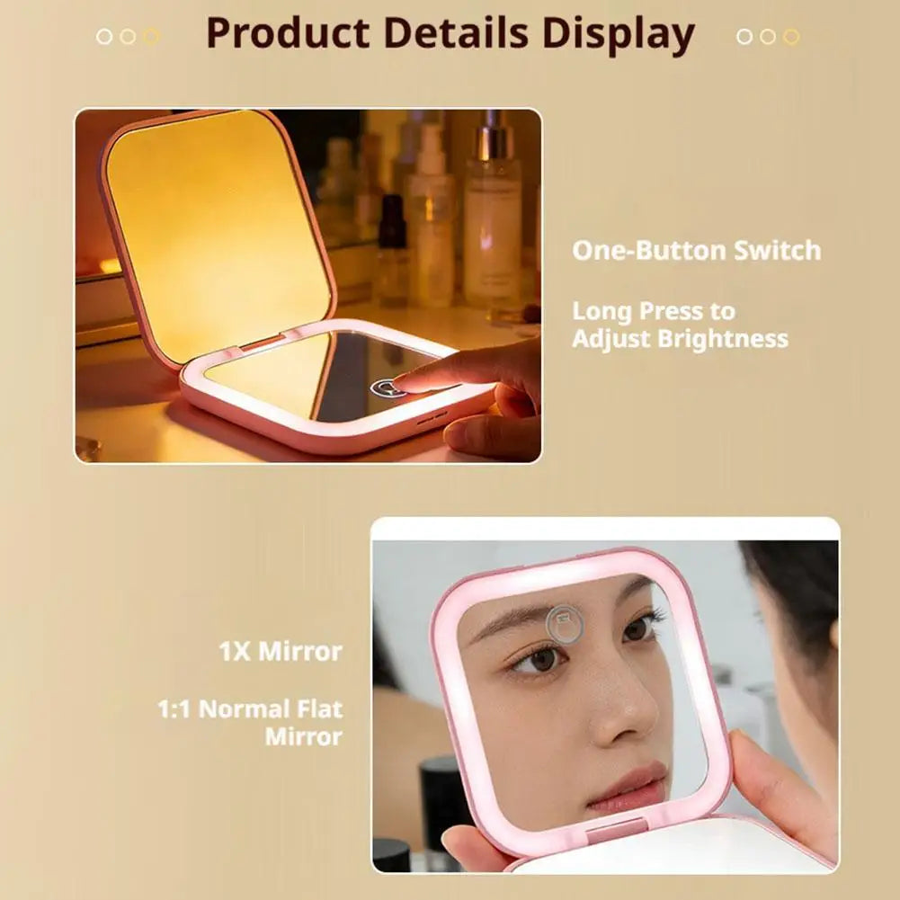 Rechargeable Handheld Mirror With 2X Magnification Portable Folding LED Makeup Mirror Pink Dual-Sided LED Lighted Makeup Mirror