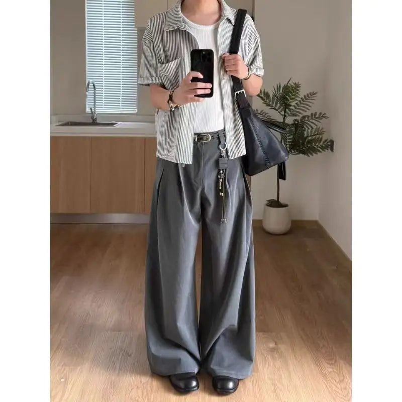 Spring Summer Pleated Wide Curved Trousers Men A-line Tailored Casual Suit Pants Streetwear Work wear Cleanfit Business