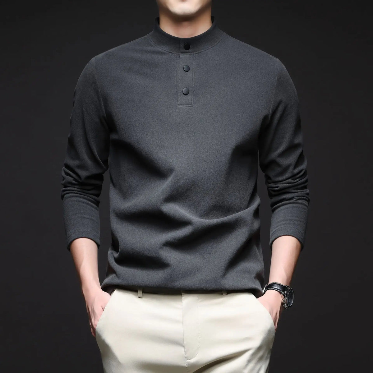 Men Mock Neck Henley Long Sleeve T Shirt Thick Warm Fleece Lined Casual Pullover Tops For Autumn Winter