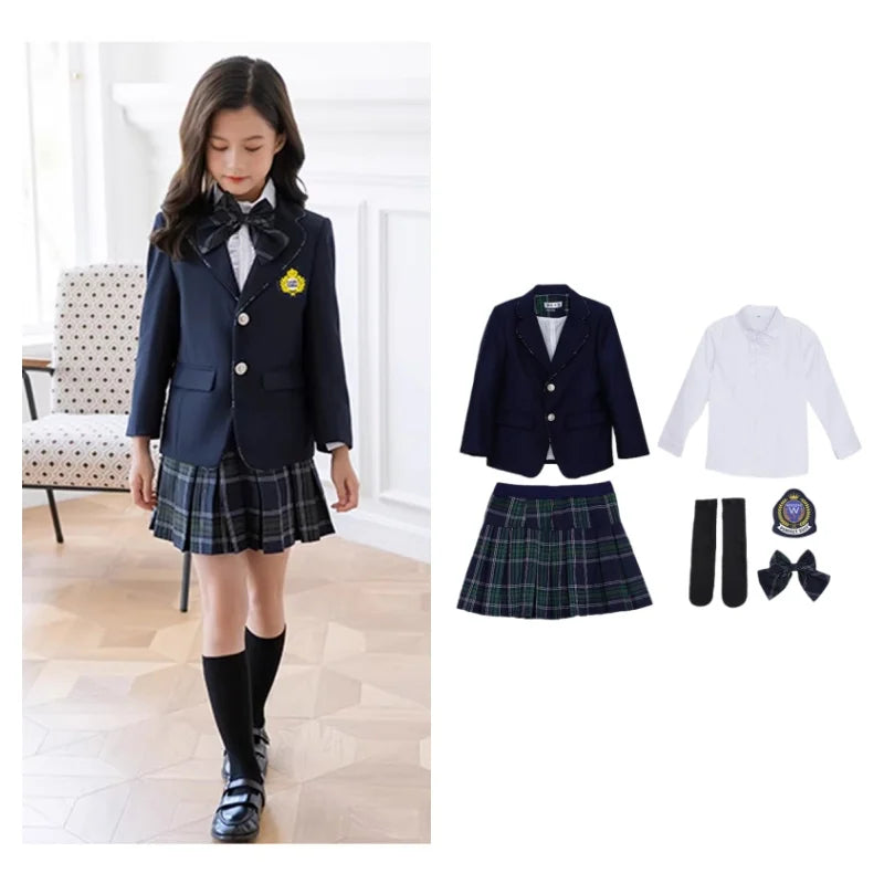 Toddler Student Clothes Sets Kids British Class Outfits Girls Jacket Plaid Skirt Suits Children Formal Dress Boys School Uniform
