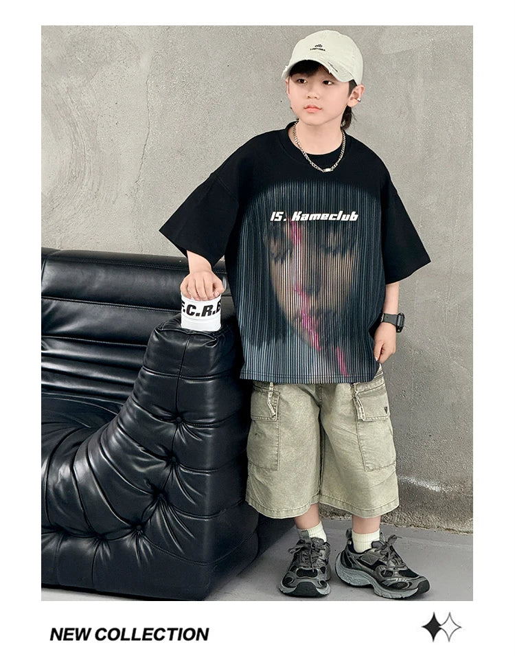Korean Children Fashion Summer Clothes for Boy Streetwear Outfit Suit T-shirt Shorts Clothing Set Kids Street Top And Bottom Set