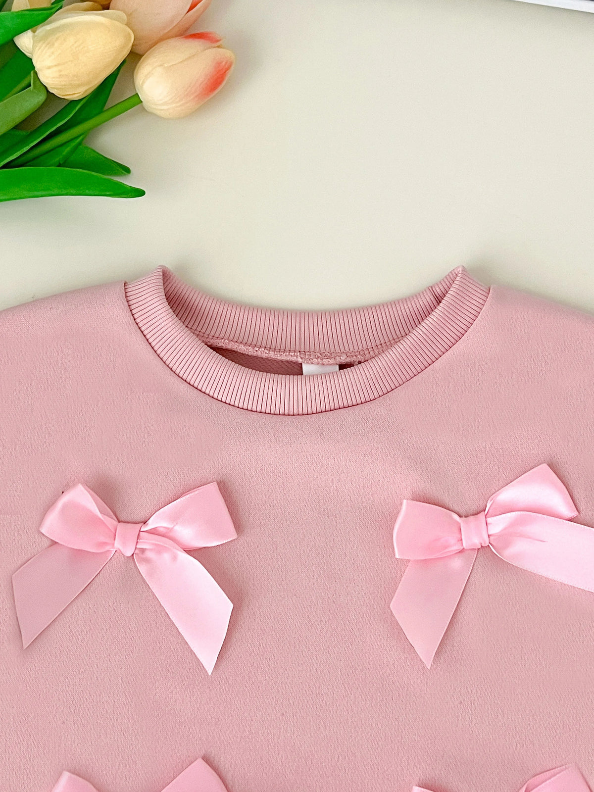 Kids Clothes Girls Autumn Fashion Bow-decorated Pink Sweatshirt + Straight-leg Pants Sets Children&