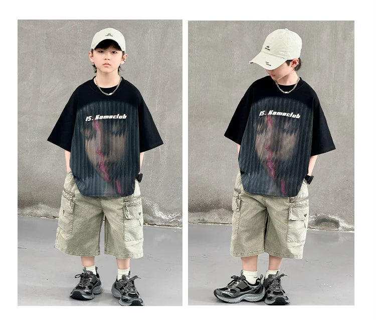 Korean Children Fashion Summer Clothes for Boy Streetwear Outfit Suit T-shirt Shorts Clothing Set Kids Street Top And Bottom Set