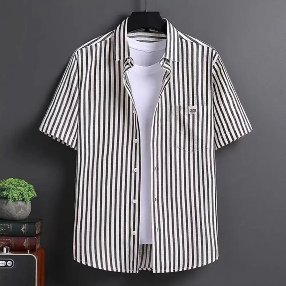 Men Striped Shirt Short Sleeve With Patch Pocket Lapel Loose Fit Summer Casual Button Down Tops