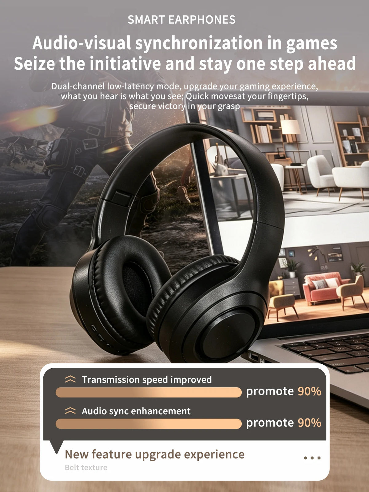 Wireless Over-Ear Bluetooth Headphones, Long-Lasting Battery Life, Foldable Design for Easy Storage, Low Latency for Gaming