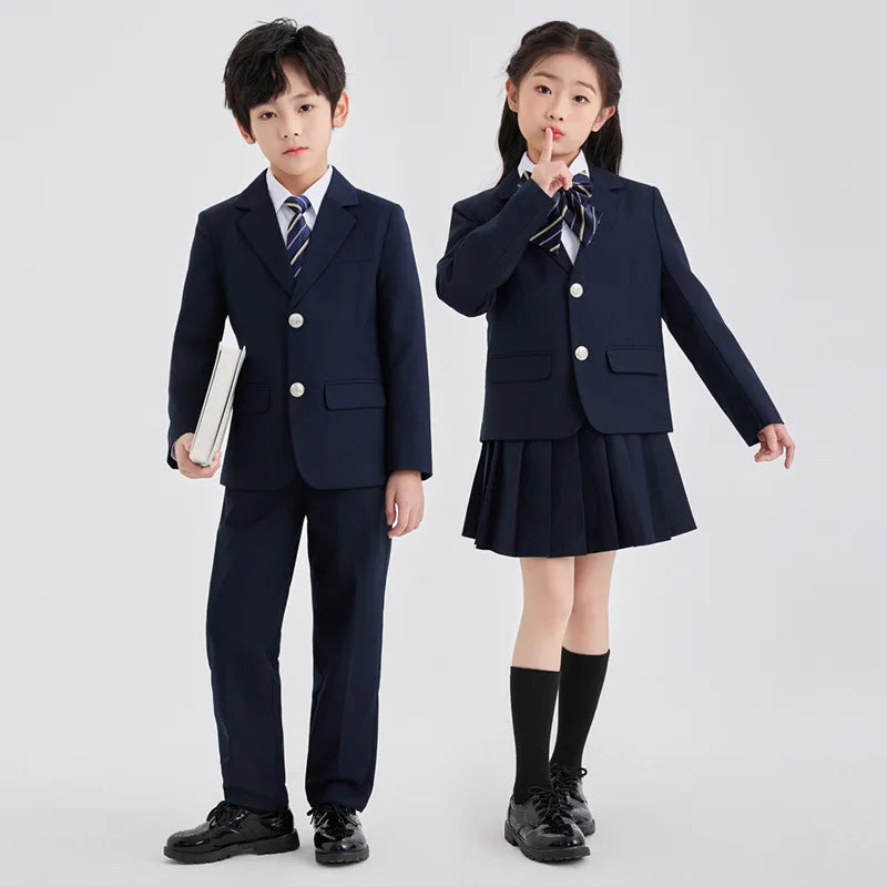 Children School Uniform Girls Jacket Pleated Skirts Suits Boys British Student Blazers Pants Kids Formal Dress Class Clothes Set