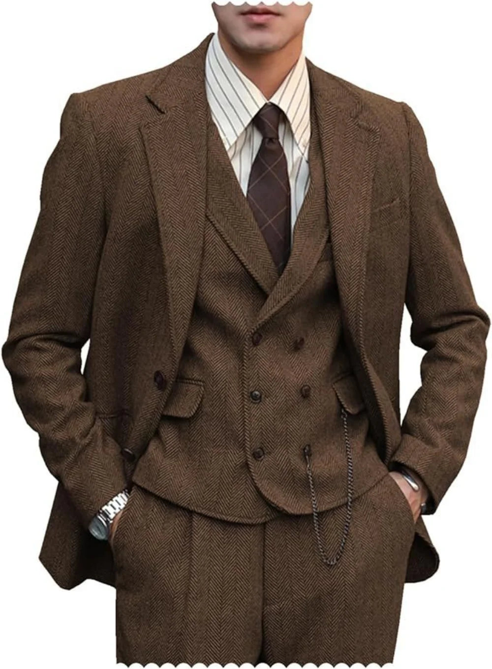 Mens Suits 3 Piece Herringbone Tweed Wool Double Breasted Vest Slim Fit Suit Prom Tuxedos Groomsmen For Wedding(Blazer+Vest