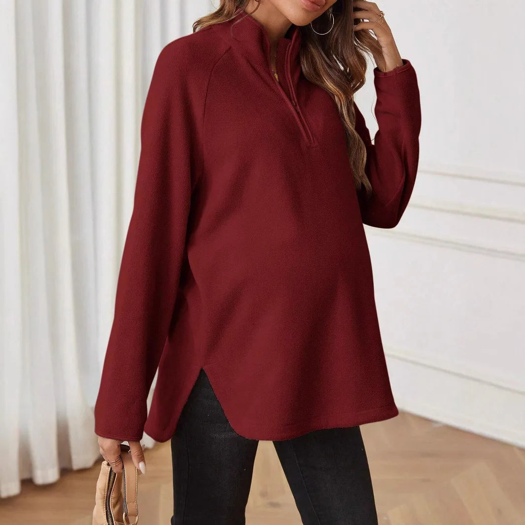 Maternity Clothes for Women Autumn Winter Pregnant Dresses Photoshoot Clothing Fashion Plain Zipper Loose Long-sleeved T-shirt