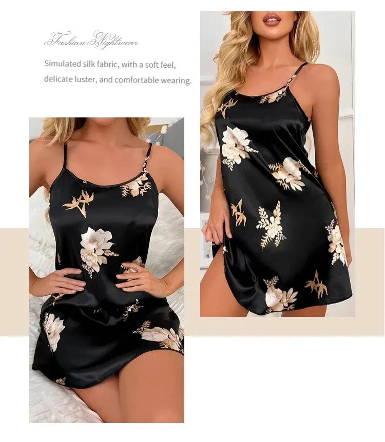 Women Nightwear Home Clothes Sexy Black Floral Printing Nightdress Sleepwear Nightshirts Silk Sleepshirts Nightgowns For Woman