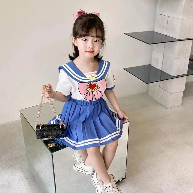Kids Girls Clothes Sets Cartoon Bow T-Shirts Tops Pleated Skirts Suits Sailor Moon Cosplay Party Custume Children Clothes Sets