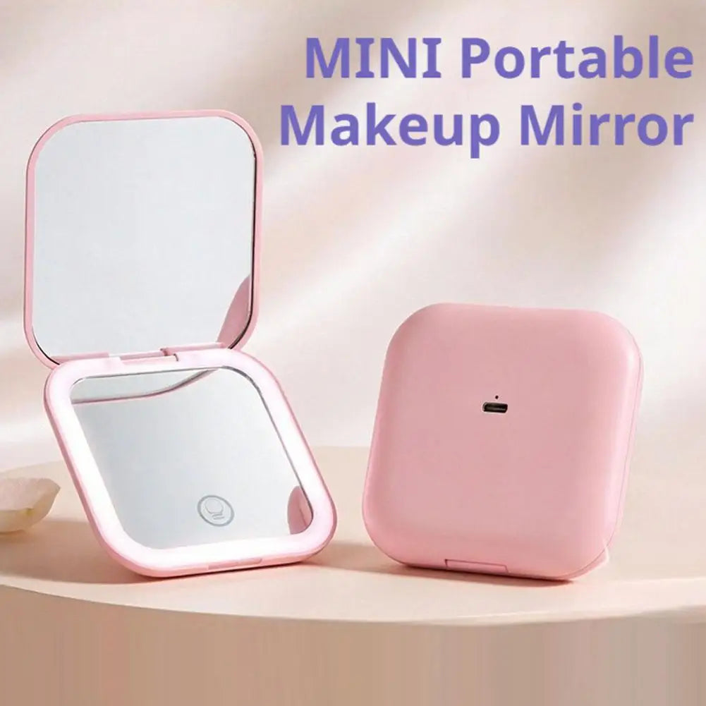 Rechargeable Handheld Mirror With 2X Magnification Portable Folding LED Makeup Mirror Pink Dual-Sided LED Lighted Makeup Mirror