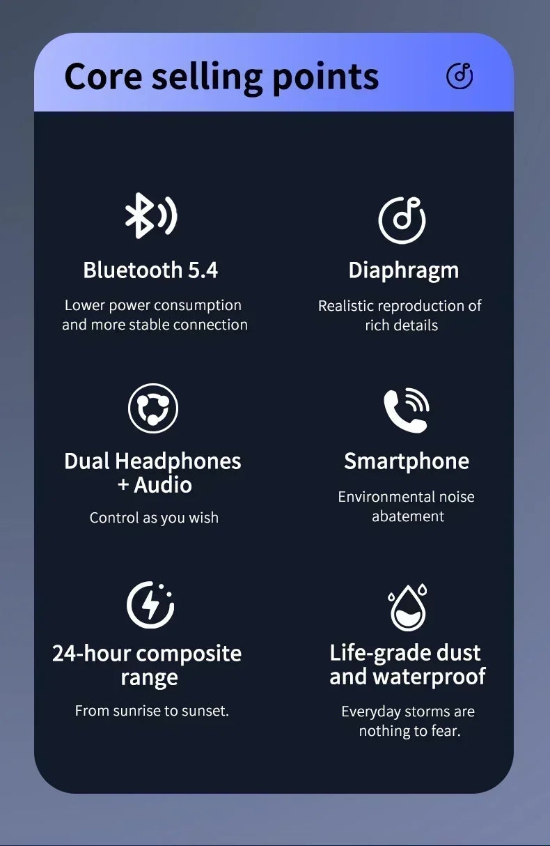 Wireless Headphones Bluetooth Headset with Mics HiFi Stereo Sound Earphones Smart Touch Sports Earbuds for phones