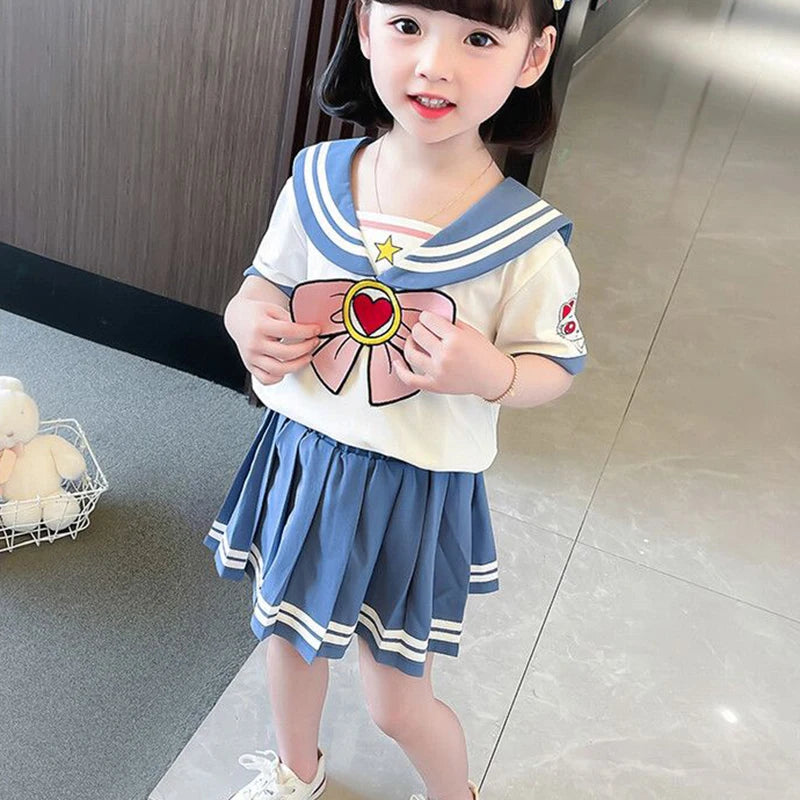 Kids Girls Clothes Sets Cartoon Bow T-Shirts Tops Pleated Skirts Suits Sailor Moon Cosplay Party Custume Children Clothes Sets