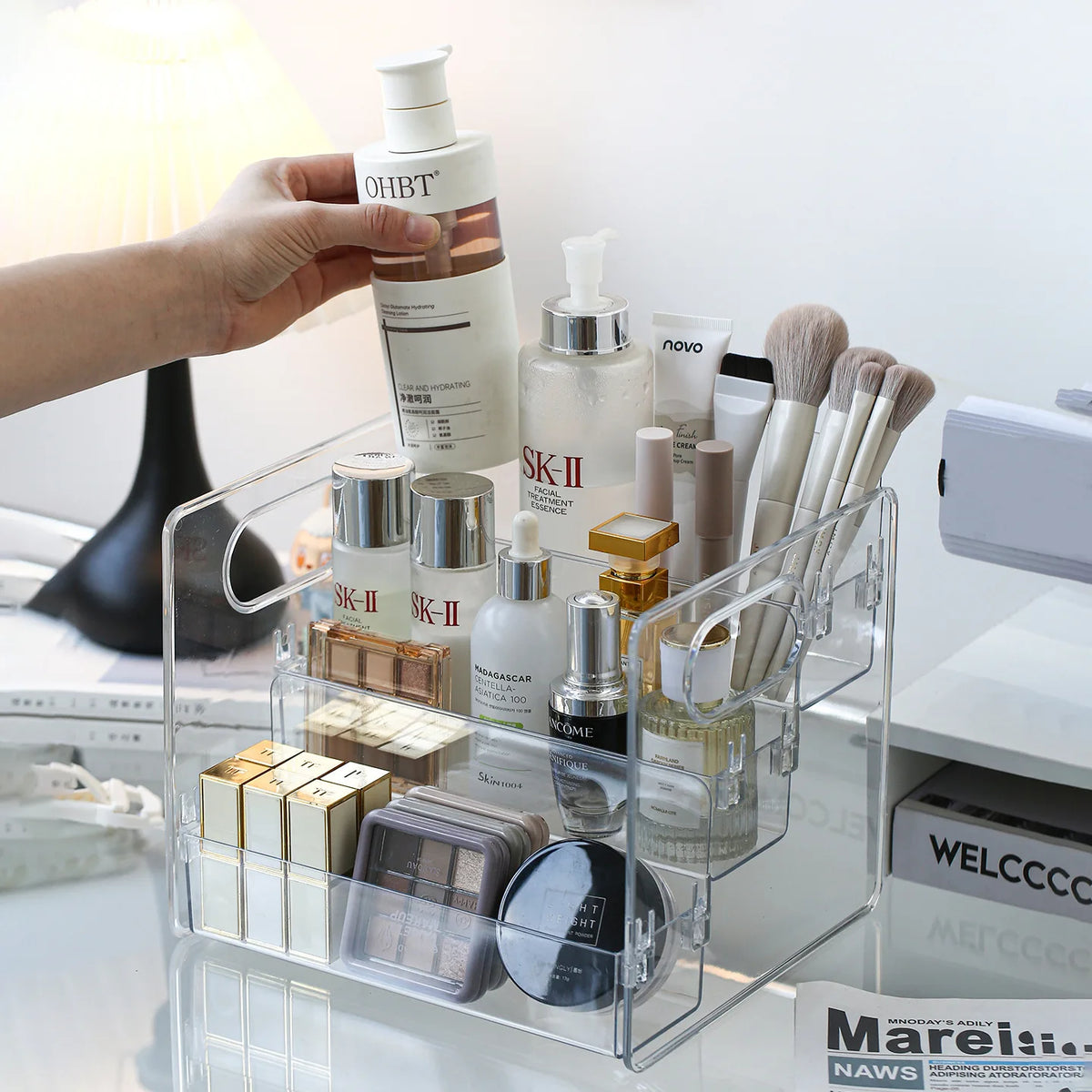 1pc Desktop Cosmetic Organizer Acrylic Transparent Slanted Storage Basket for Makeup, Lipstick, Perfume, Facial Mask, and Other